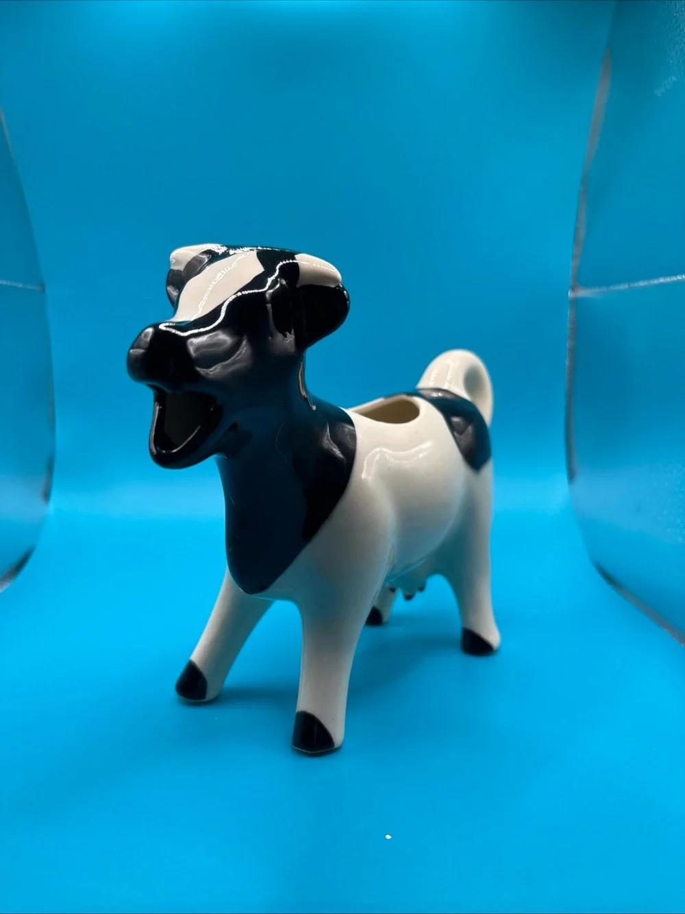 Glossy Black & White Ceramic Cow Creamer Figurine